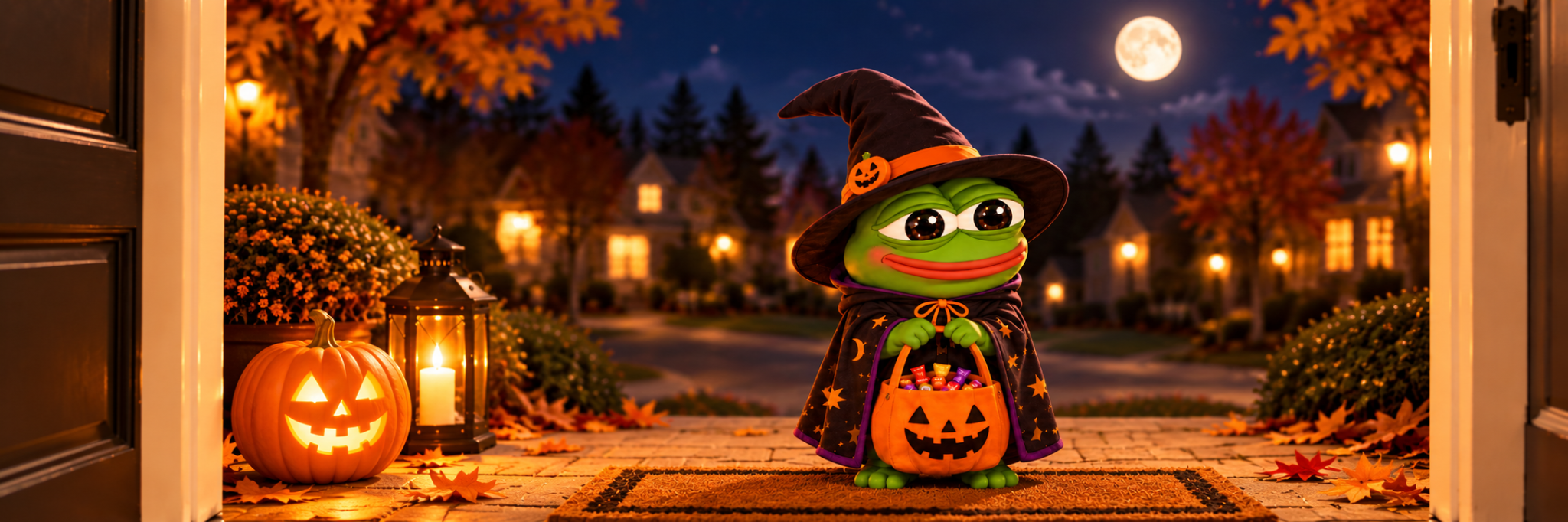 Wide original scene of witch Pepe standing in an open doorway with a candy bucket, lantern and glowing pumpkin