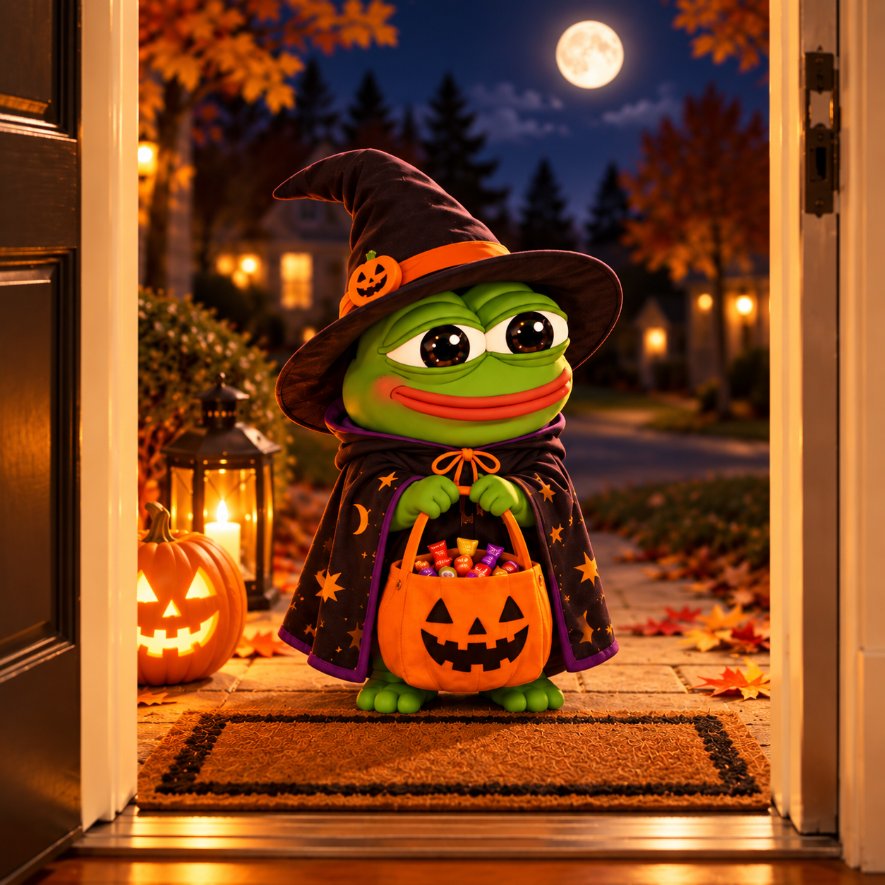 Mini Pepe in his witch costume holding a pumpkin candy bucket at a warmly lit doorway