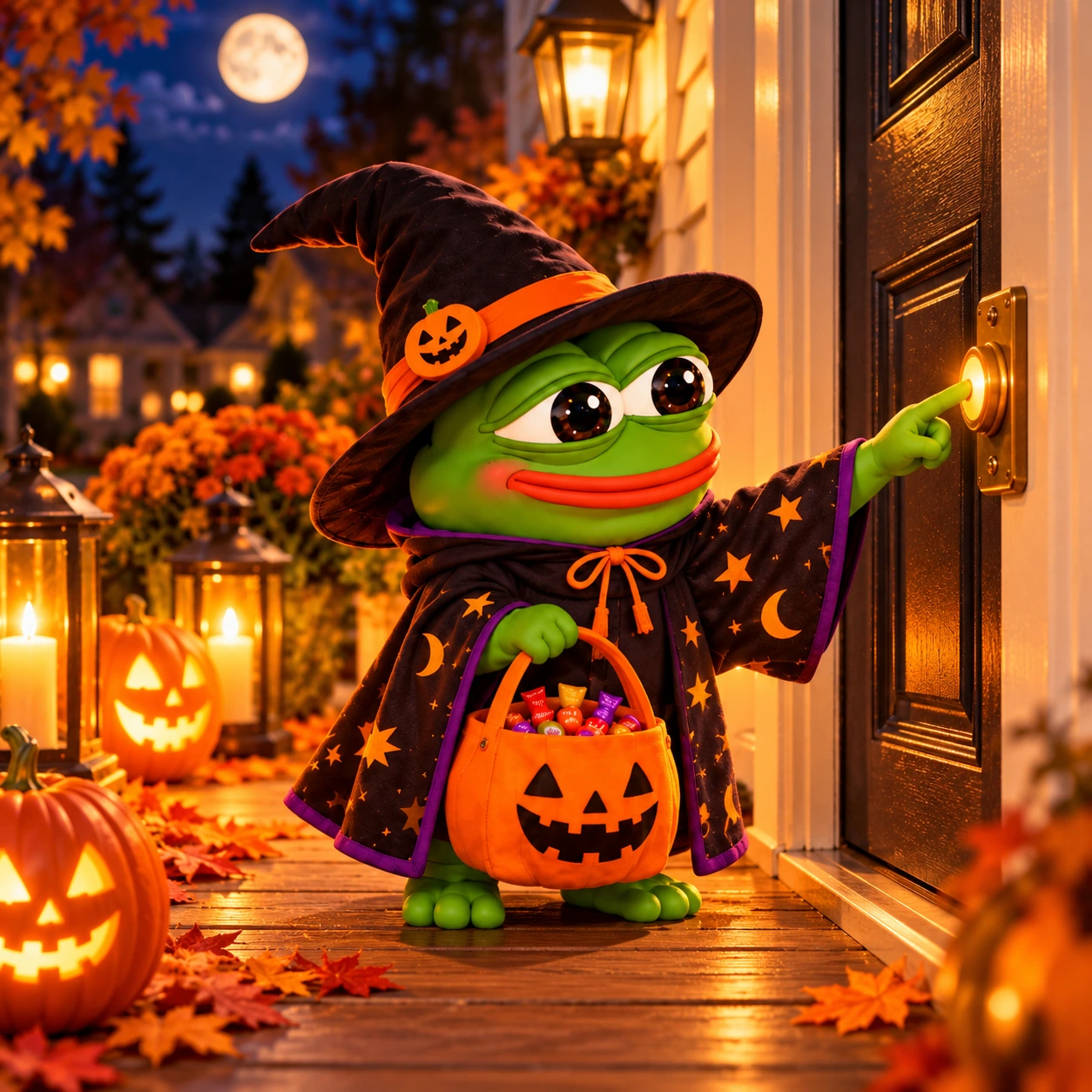 The same little witch Pepe reaching for a doorbell on a glowing Halloween porch