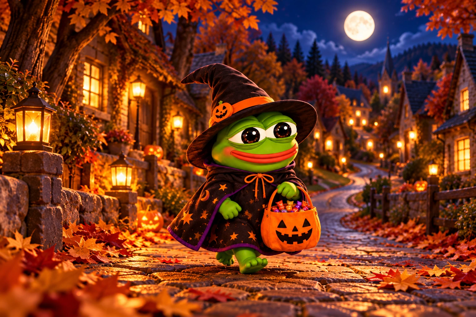 Witch Pepe walking along an autumn lane beneath the full moon, carrying his pumpkin bucket