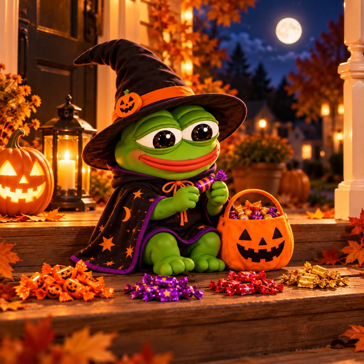 Witch Pepe sitting on porch steps sorting colorful sweets beside his pumpkin bucket