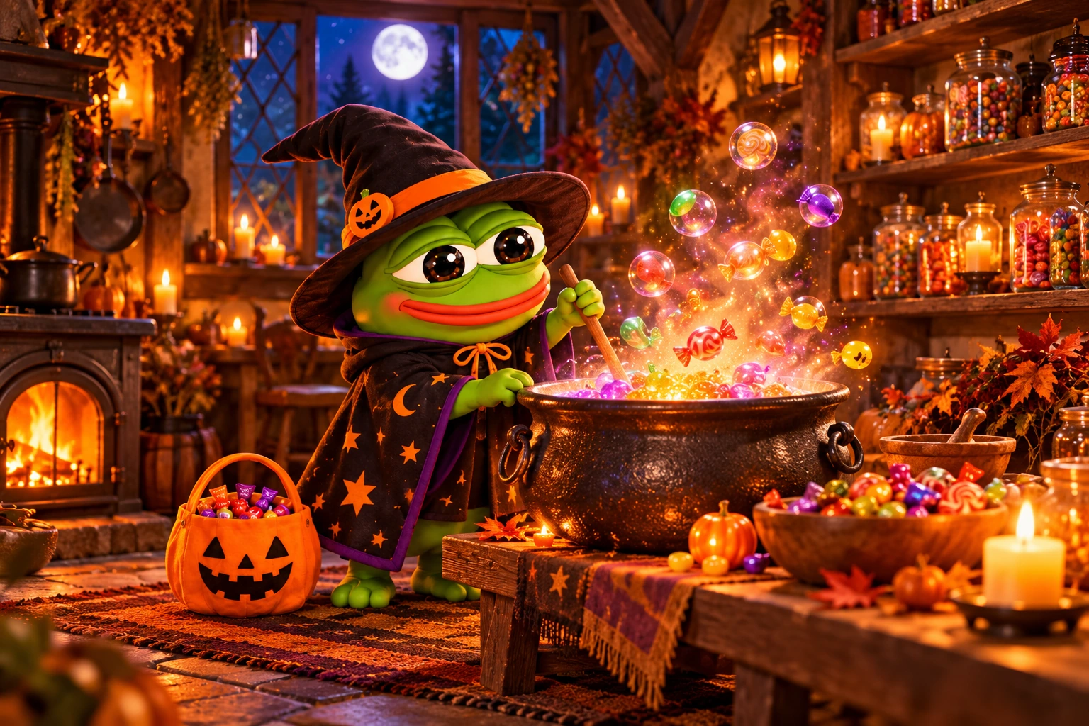 The same witch Pepe watching a candy cauldron in a warm, cozy Halloween kitchen
