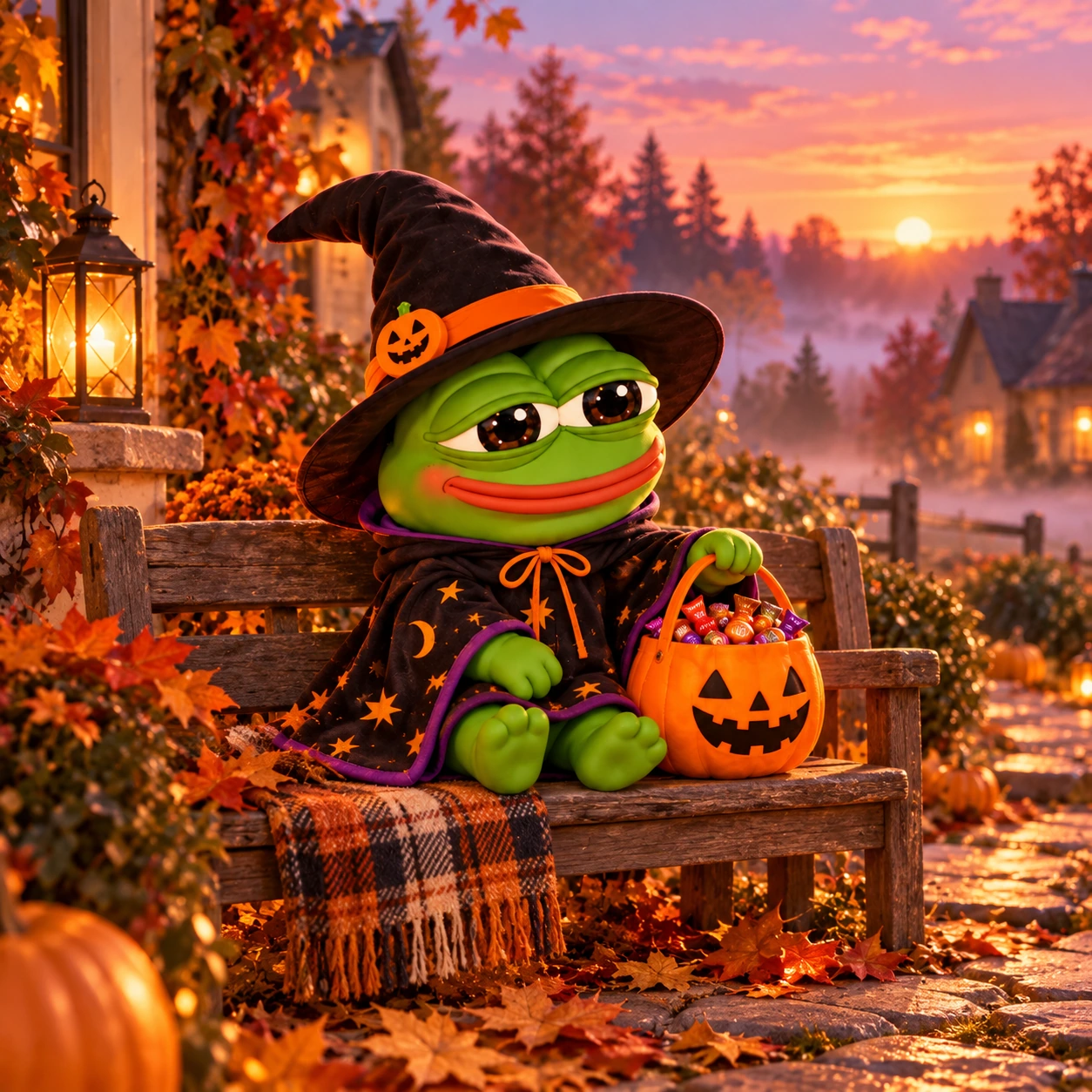 Witch Pepe resting at dawn beside his full pumpkin candy bucket after a Halloween adventure